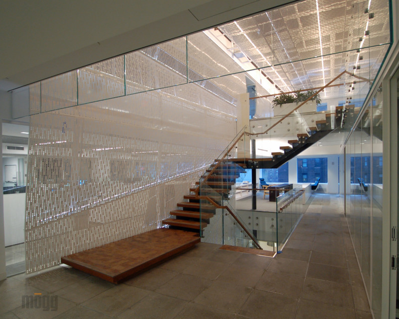 wooden open stairs with glass railing and standoffs